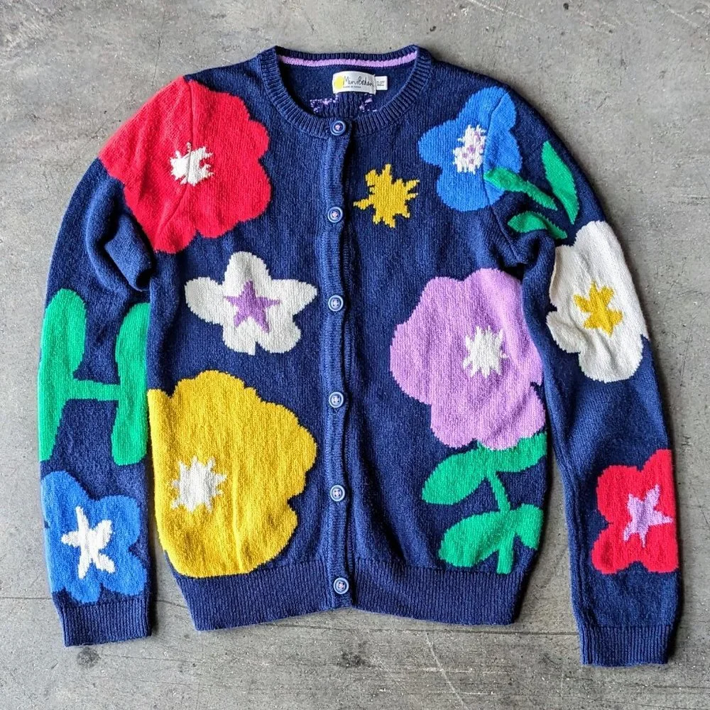 Mini Boden Navy Blue Floral Button Front Girls Cardigan Sweater size 11/12